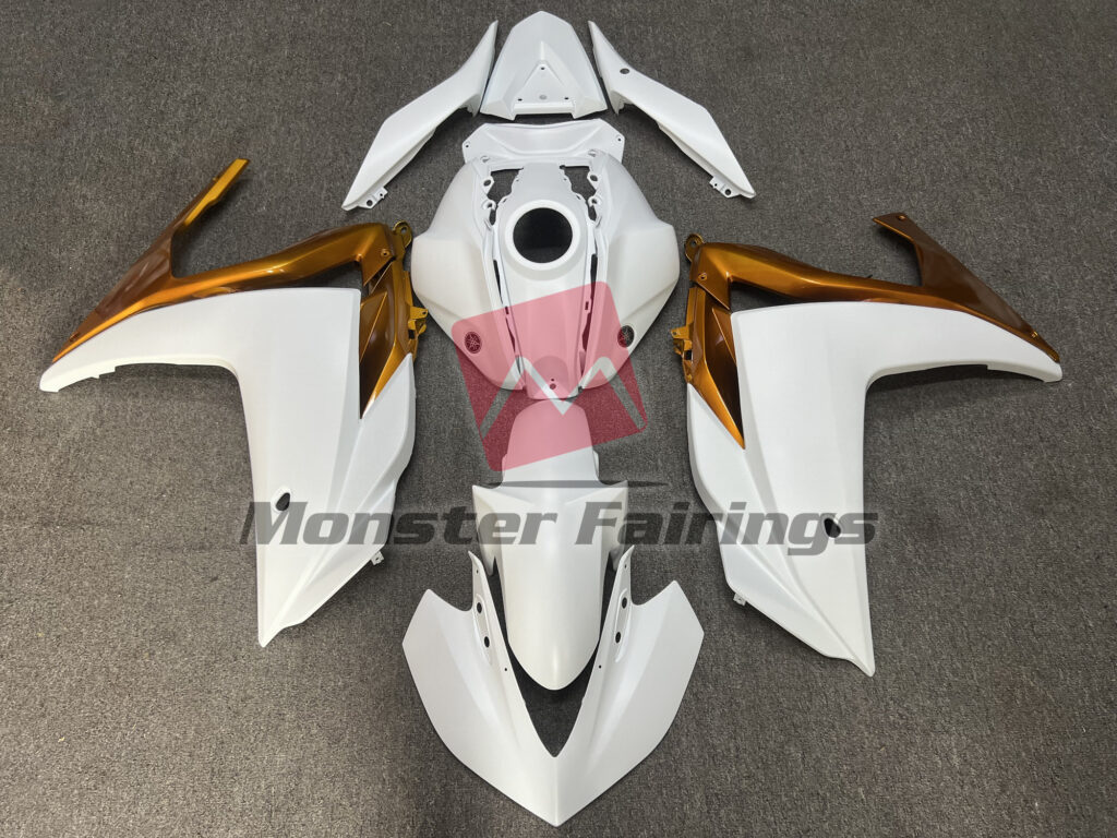 Yamaha R3 2014 - 2018 Gloss White and Gold ABS fairings - custom motorcycle bodywork kit by Monster Fairings
