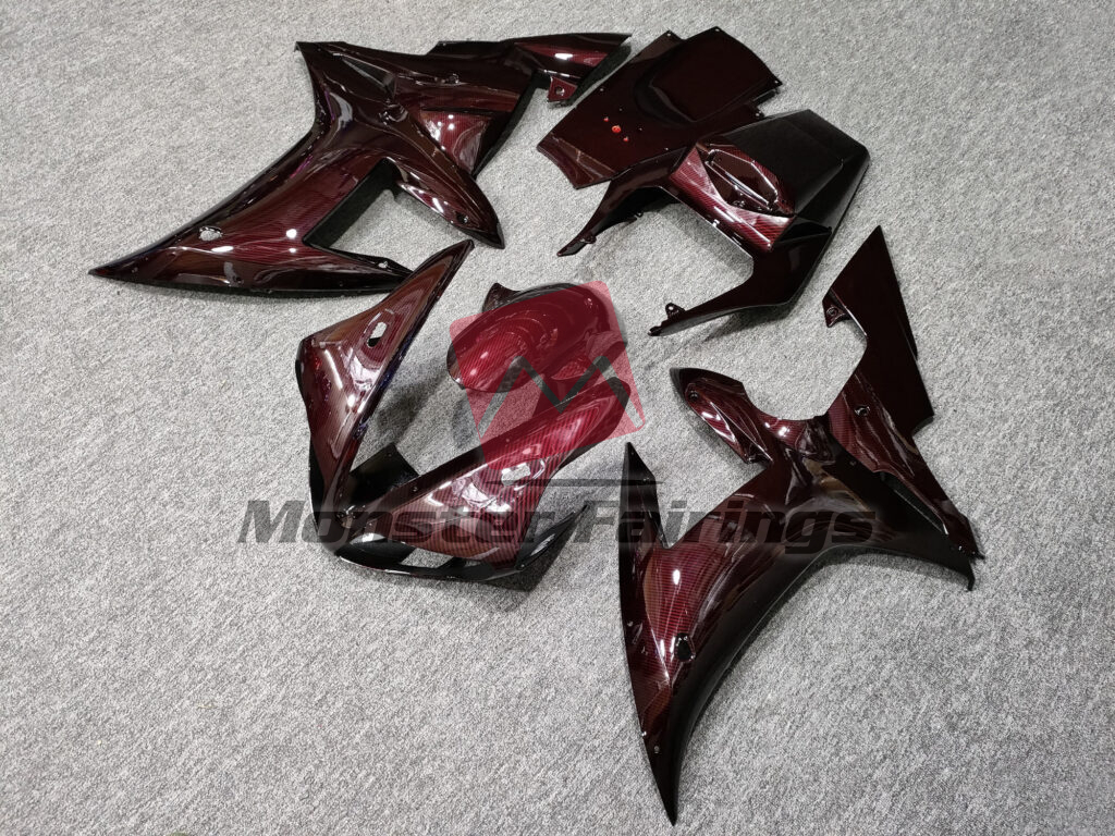 2002 - 2003 Yamaha R1 Gloss Dark Red Carbon Fiber Style fairing set - ABS injection, custom painted by Monster Fairings