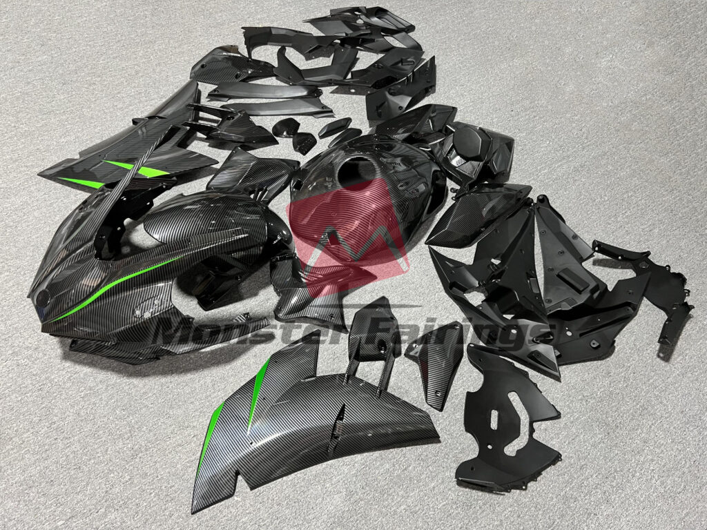 Carbon Fiber Style with Green ABS fairings for Kawasaki Ninja H2 2015 - 2025 - premium OEM fit kit by Monster Fairings