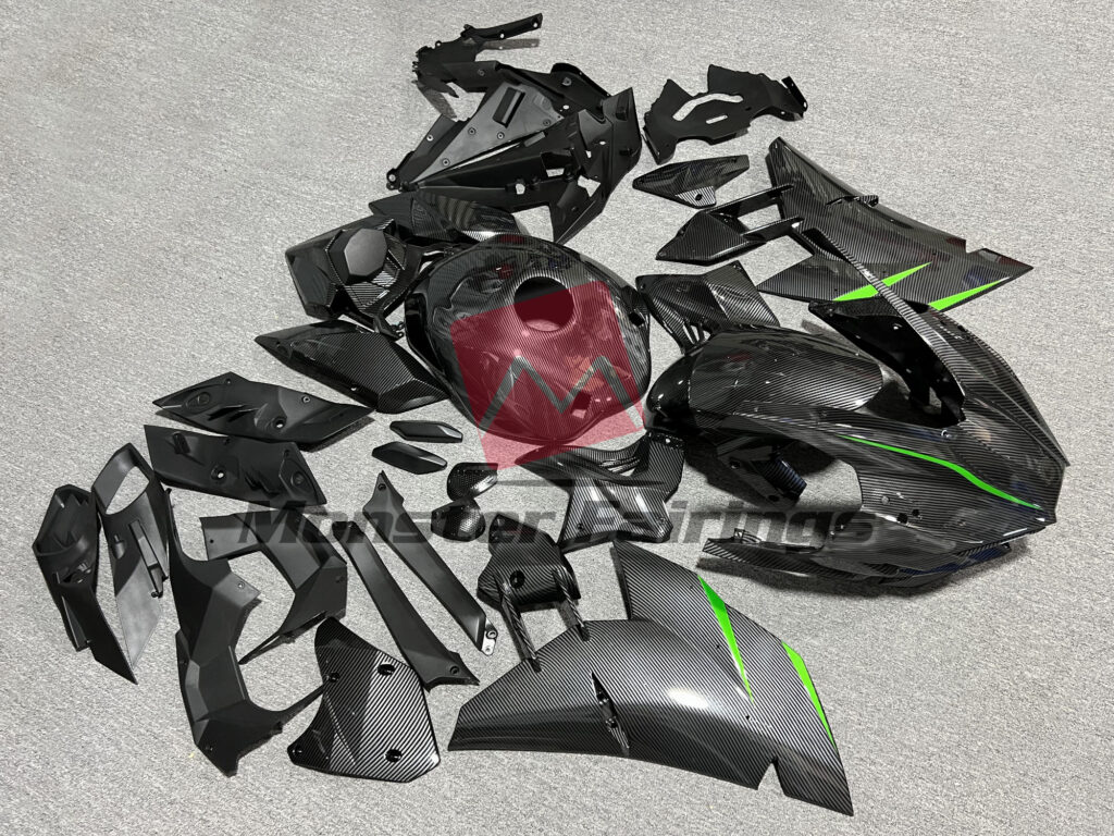 Kawasaki Ninja H2 custom ABS fairings 2015 - 2025 in Carbon Fiber Style with Green - durable replacement kit, Monster Fairings