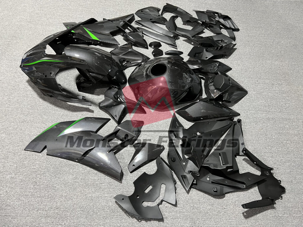 2015 - 2025 Kawasaki Ninja H2 Carbon Fiber Style with Green fairing set - ABS injection, custom painted by Monster Fairings