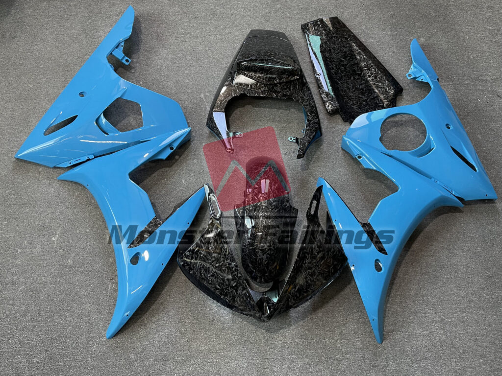 Yamaha R6 2003 - 2004 Blue with Forged Carbon Fiber Style ABS fairings - custom motorcycle bodywork kit by Monster Fairings