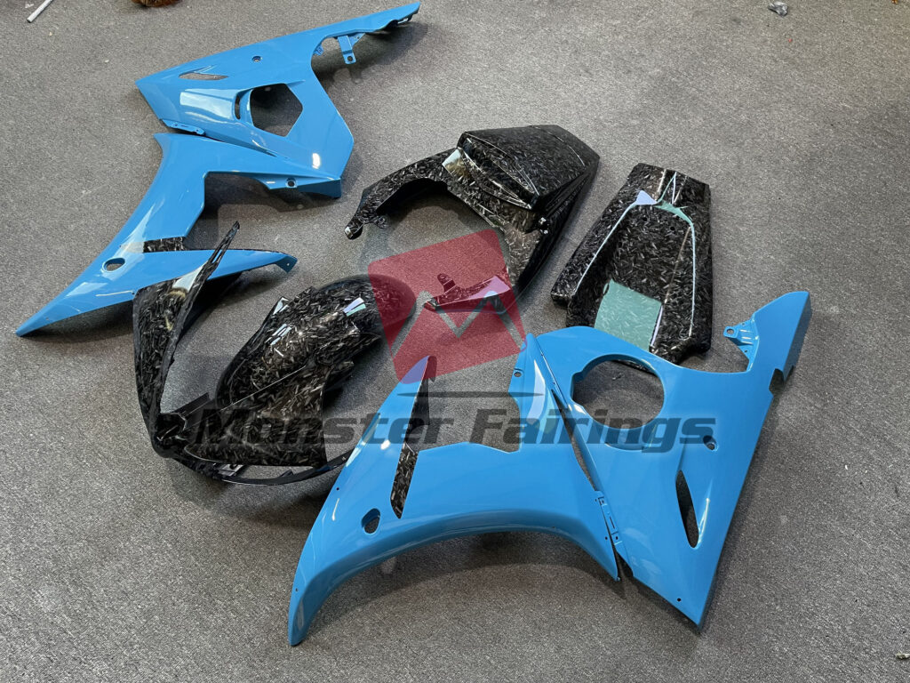 Blue with Forged Carbon Fiber Style ABS fairings for Yamaha R6 2003 - 2004 - premium OEM fit kit by Monster Fairings