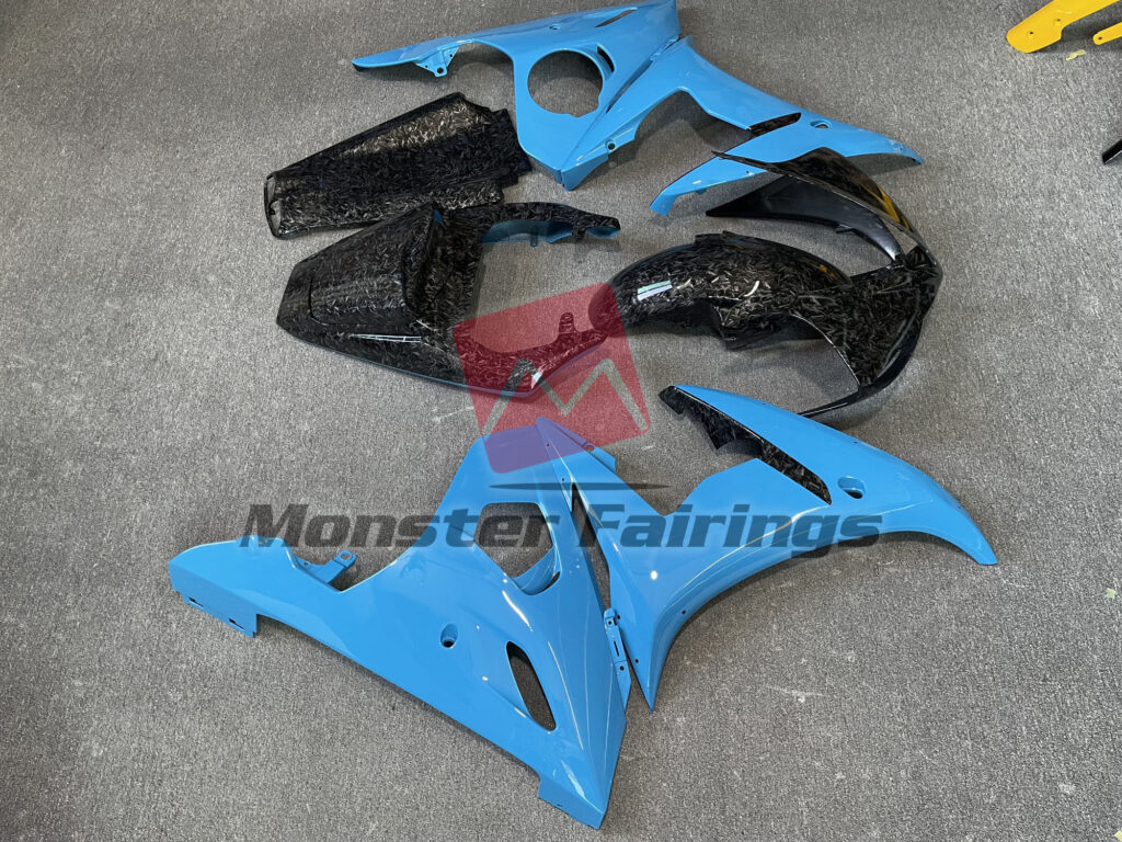 2003 - 2004 Yamaha R6 Blue with Forged Carbon Fiber Style fairing set - ABS injection, custom painted by Monster Fairings