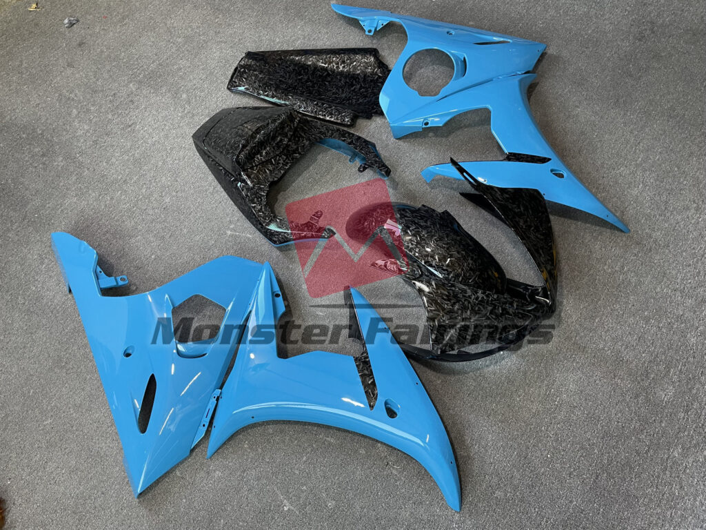 Yamaha R6 custom ABS fairings 2003 - 2004 in Blue with Forged Carbon Fiber Style - durable replacement kit, Monster Fairings