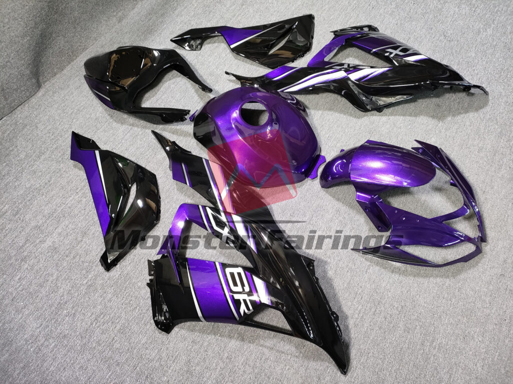 Kawasaki ZX6R custom ABS fairings 2013 - 2018 in Gloss Black and Purple - durable replacement kit, Monster Fairings