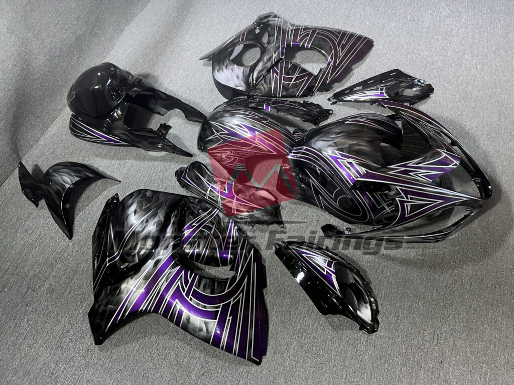 Suzuki GSXR 1300 custom ABS fairings 2008 - 2020 in Black Gray with Dark Purple Tribal - durable replacement kit, Monster Fairings