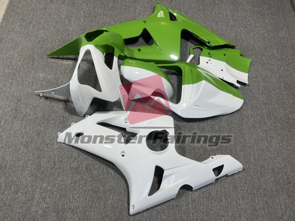 2003 - 2004 Kawasaki ZX6R Green and White Split fairing set - ABS injection, custom painted by Monster Fairings