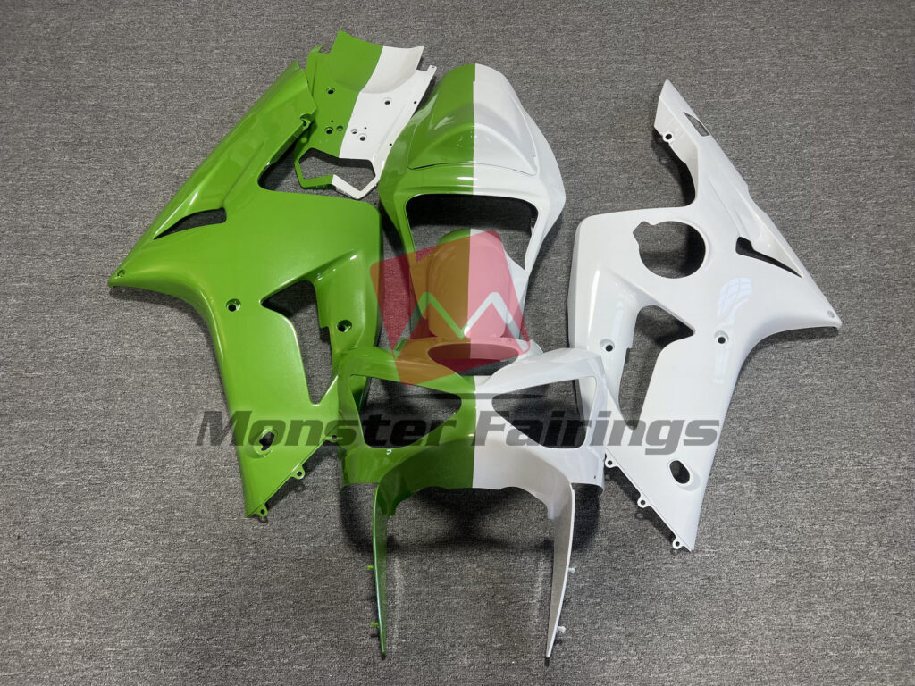 Kawasaki ZX6R 2003 - 2004 Green and White Split ABS fairings - custom motorcycle bodywork kit by Monster Fairings