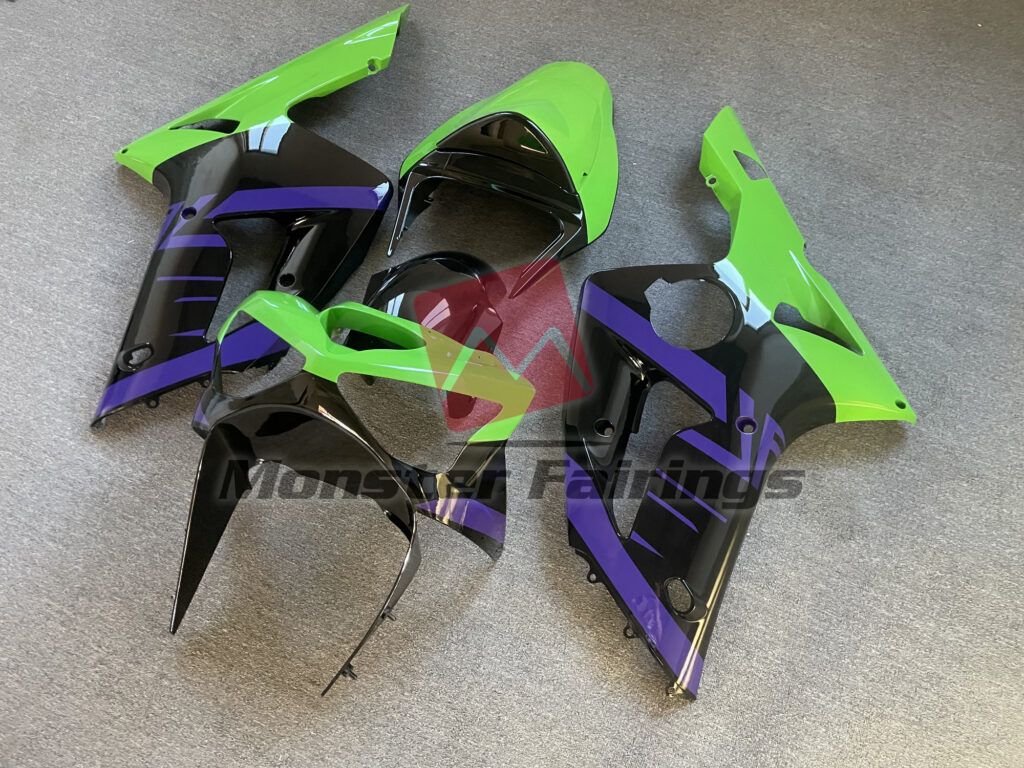 2003 - 2004 Kawasaki ZX6R Gloss Green Black fairing set - ABS injection, custom painted by Monster Fairings