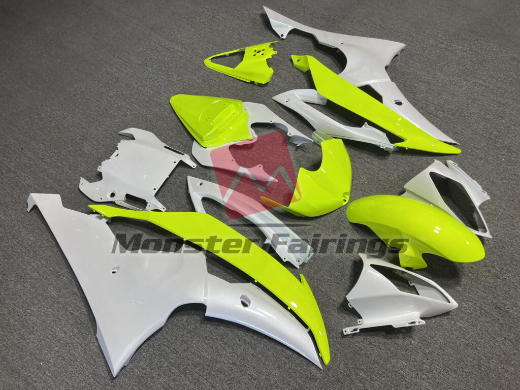 Yamaha R6 custom ABS fairings 2008 - 2016 in Pearl White High Viz Yellow - durable replacement kit, Monster Fairings