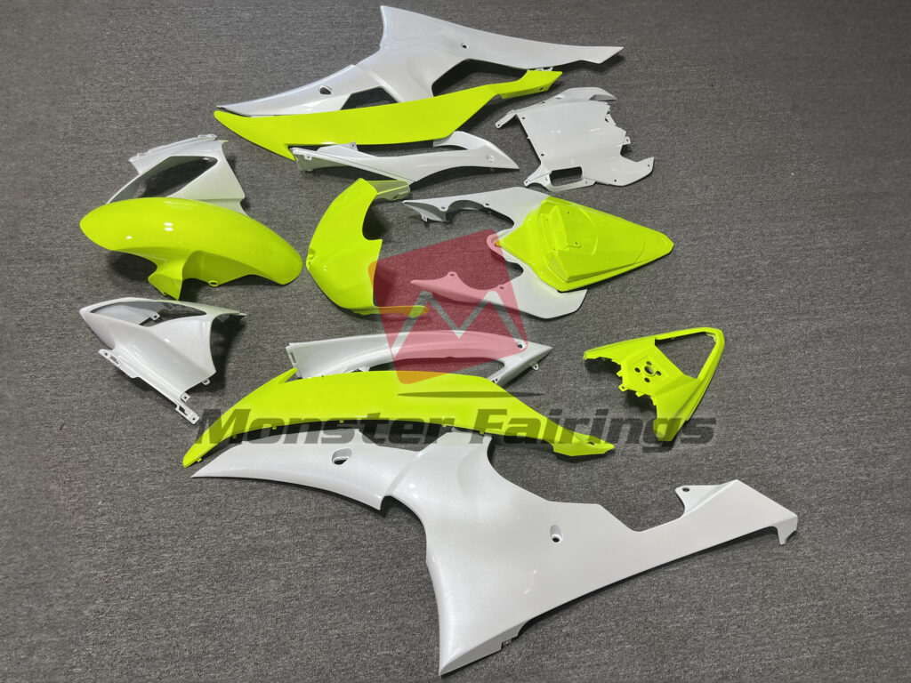 2008 - 2016 Yamaha R6 Pearl White High Viz Yellow fairing set - ABS injection, custom painted by Monster Fairings