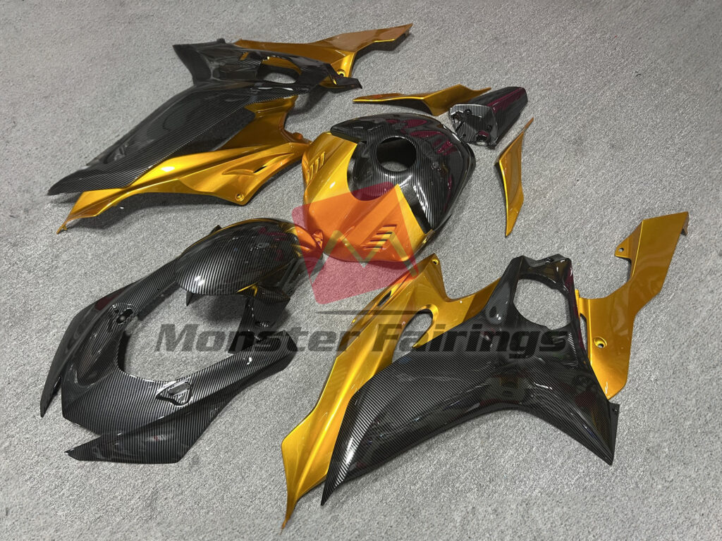 Carbon Fiber Style with Gold ABS fairings for Yamaha R6 2017 - 2022 - premium OEM fit kit by Monster Fairings