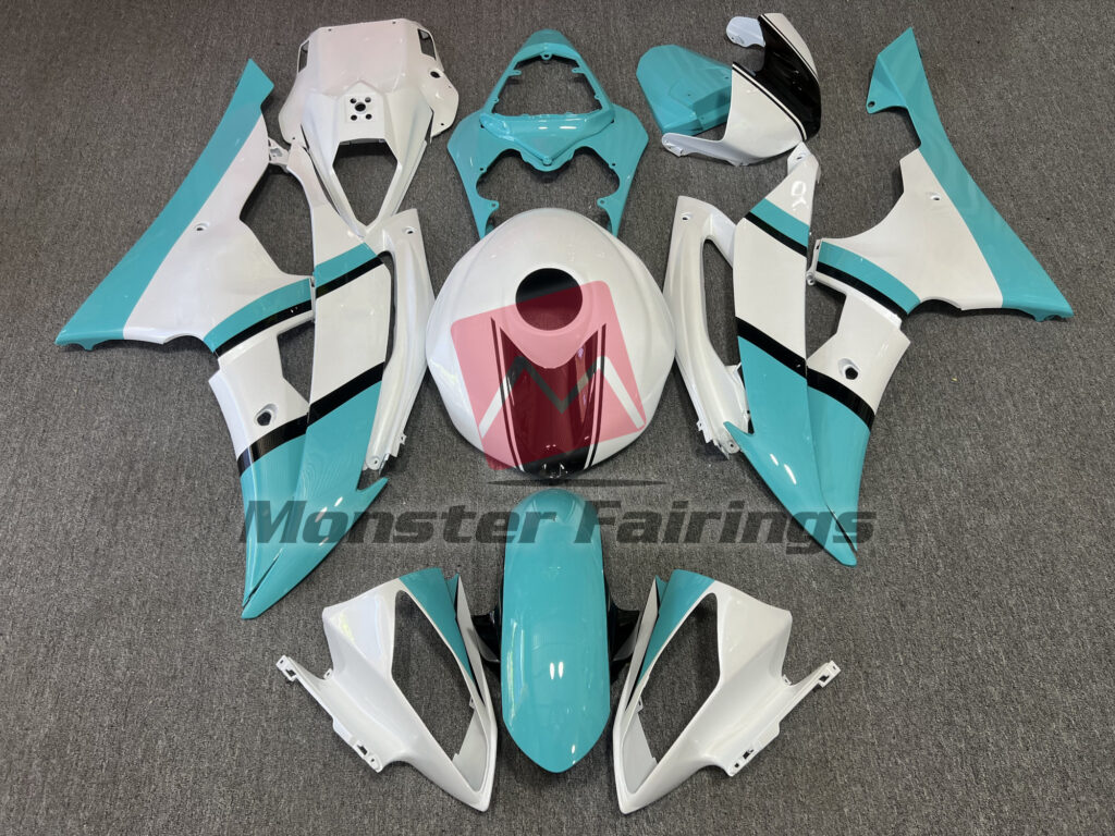 Yamaha R6 2008 - 2016 Gloss White Sky Blue ABS fairings - custom motorcycle bodywork kit by Monster Fairings