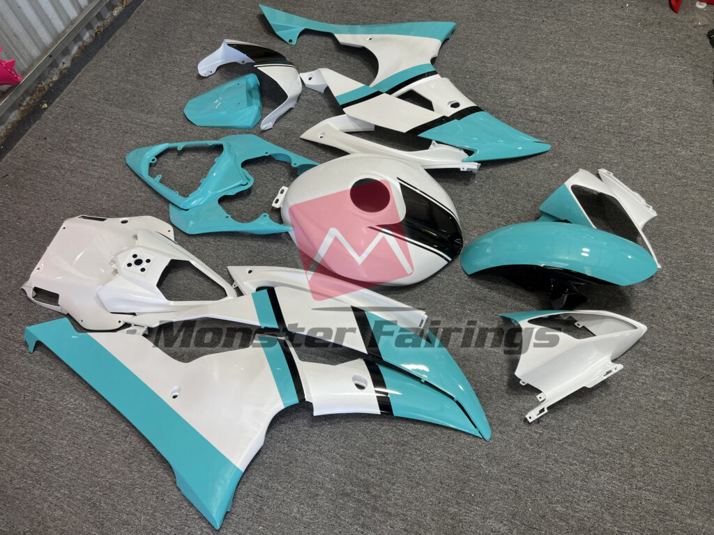 Yamaha R6 custom ABS fairings 2008 - 2016 in Gloss White Sky Blue - durable replacement kit, Monster Fairings