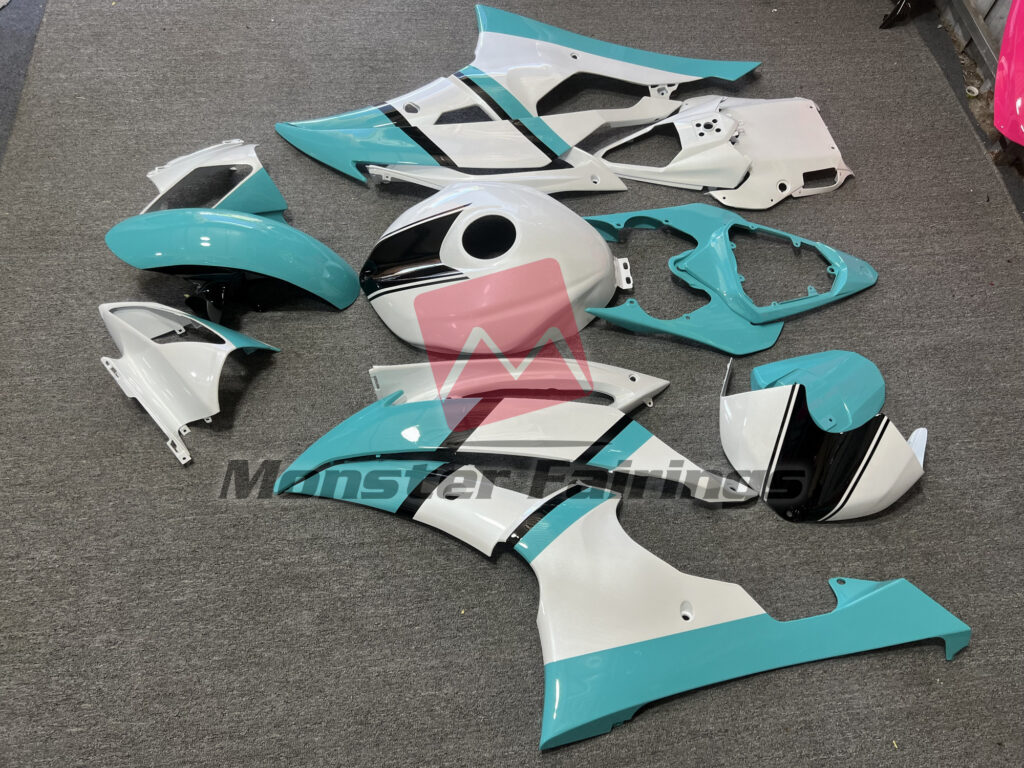 2008 - 2016 Yamaha R6 Gloss White Sky Blue fairing set - ABS injection, custom painted by Monster Fairings