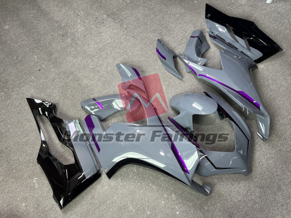 Ducati Panigale V2 custom ABS fairings 2020 - 2024 in Nardo Gray with Purple Trim - durable replacement kit, Monster Fairings