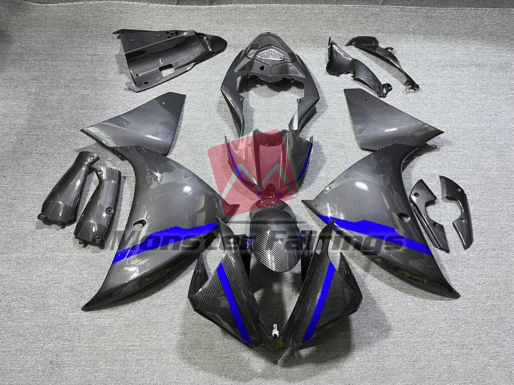 Yamaha R1 2012 - 2014 Carbon Fiber Style with Blue Details ABS fairings - custom motorcycle bodywork kit by Monster Fairings