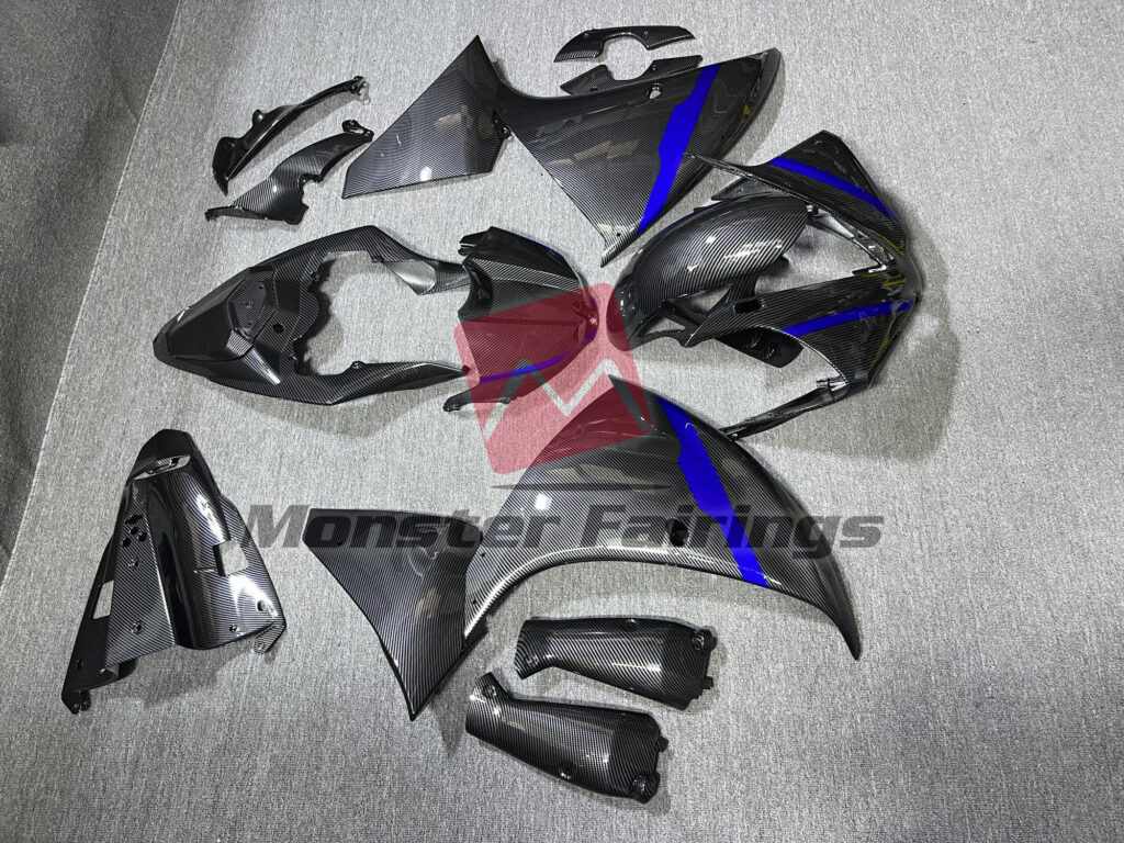 2012 - 2014 Yamaha R1 Carbon Fiber Style with Blue Details fairing set - ABS injection, custom painted by Monster Fairings