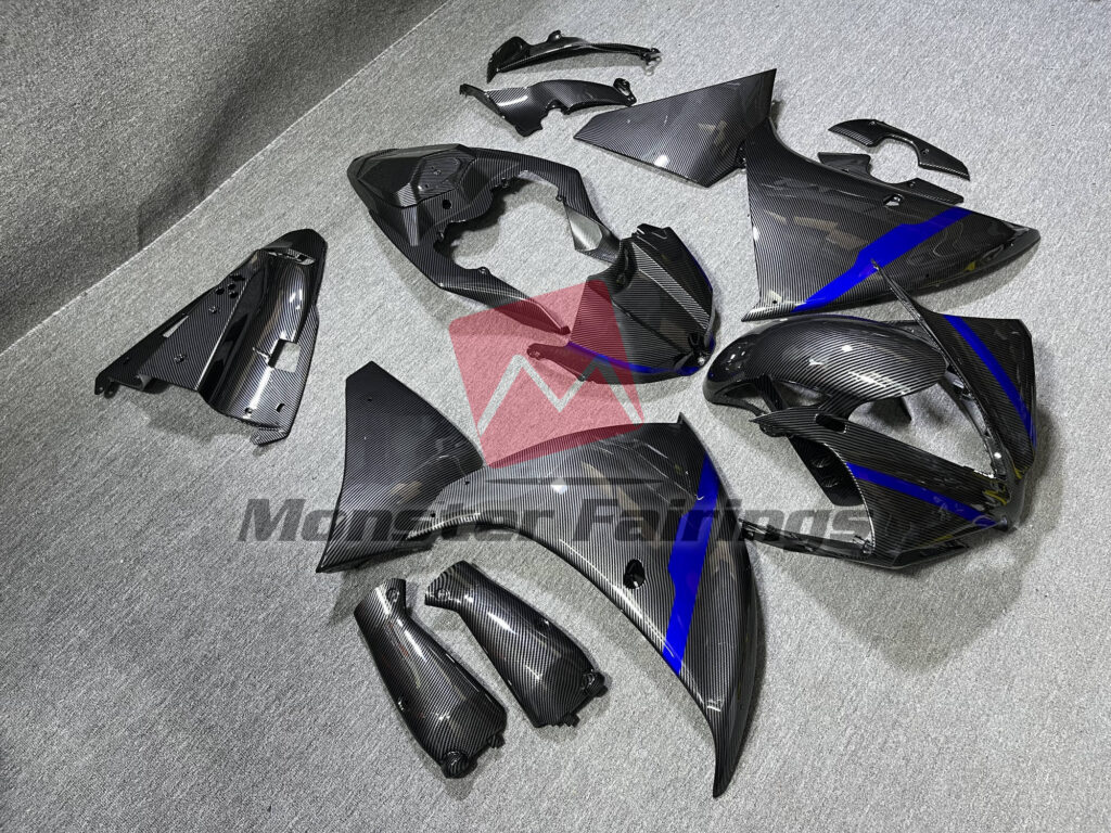 Yamaha R1 custom ABS fairings 2012 - 2014 in Carbon Fiber Style with Blue Details - durable replacement kit, Monster Fairings