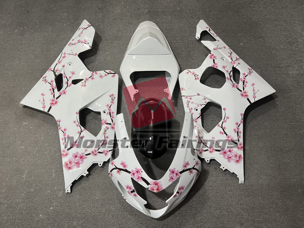 Suzuki GSXR 600 - 750 2004 - 2005 Gloss White Cherry Blossom ABS fairings - custom motorcycle bodywork kit by Monster Fairings