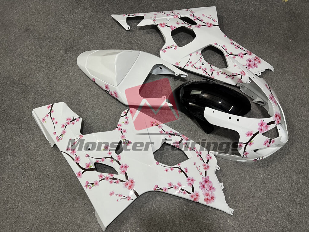 Suzuki GSXR 600 - 750 custom ABS fairings 2004 - 2005 in Gloss White Cherry Blossom - durable replacement kit, Monster Fairings