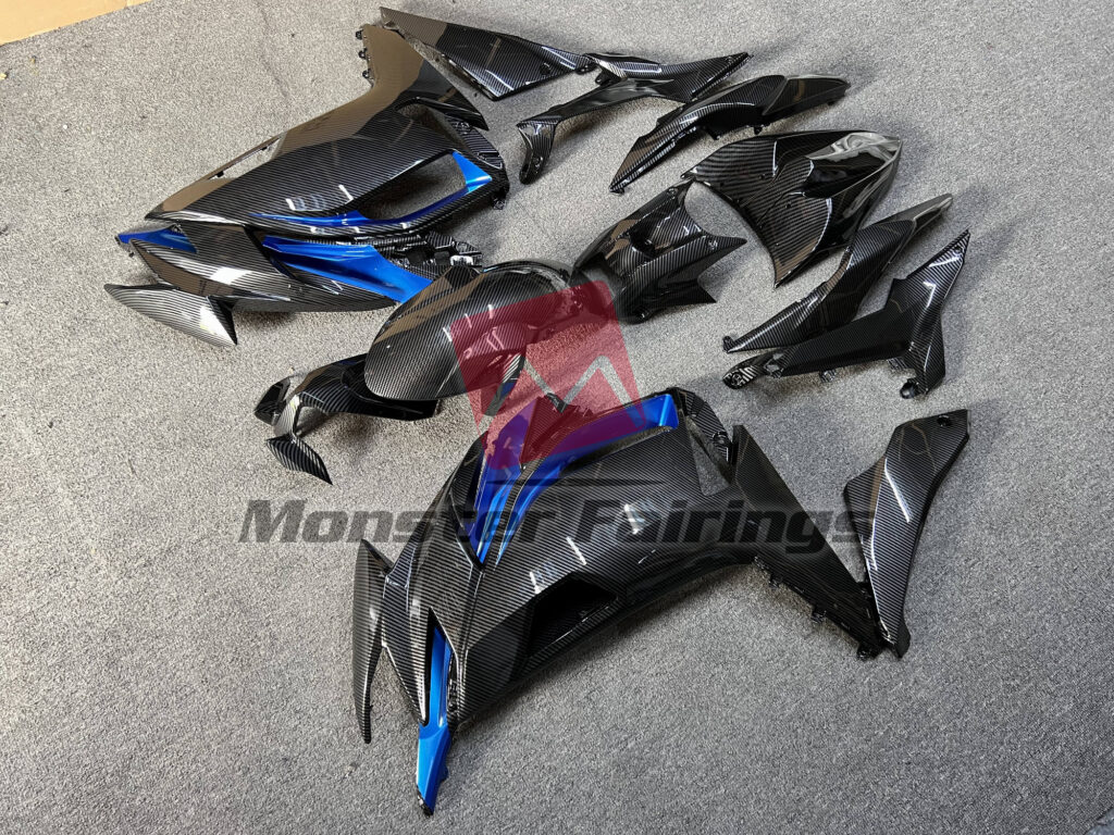 Kawasaki Ninja 650R custom ABS fairings 2020 - 2025 in Gloss Carbon Fiber Style with Blue - durable replacement kit, Monster Fairings