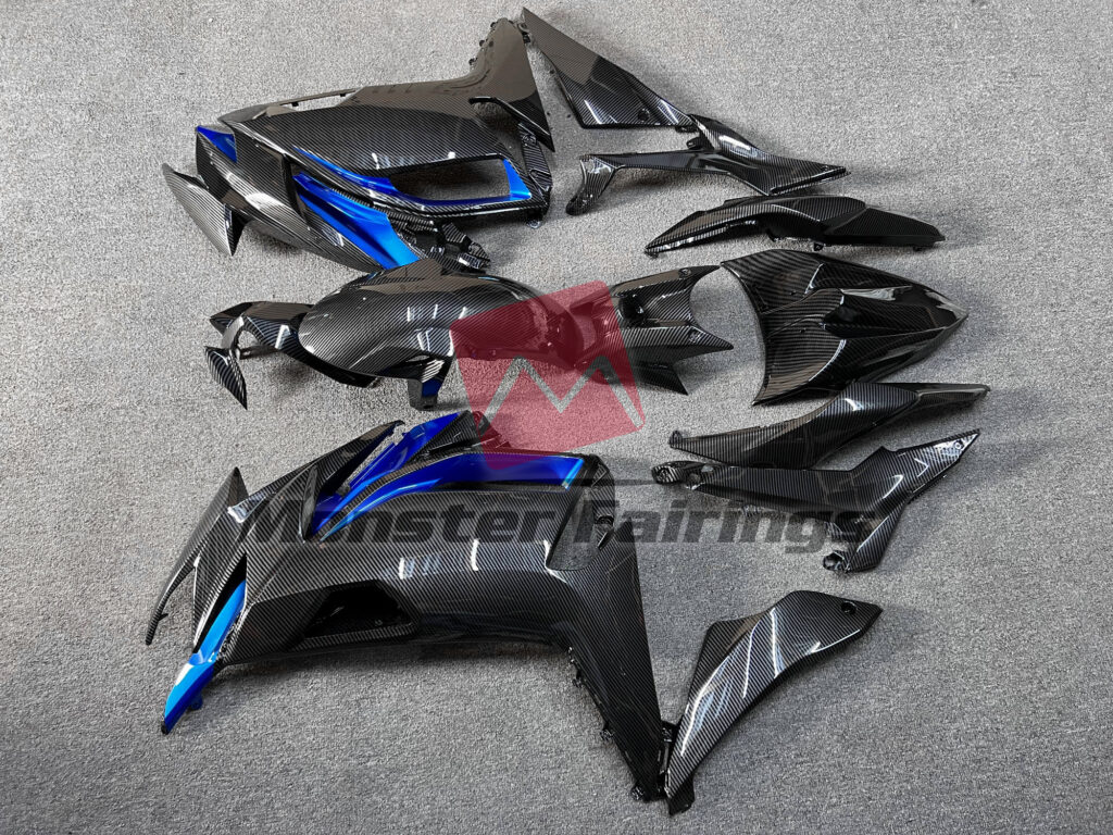 2020 - 2025 Kawasaki Ninja 650R Gloss Carbon Fiber Style with Blue fairing set - ABS injection, custom painted by Monster Fairings