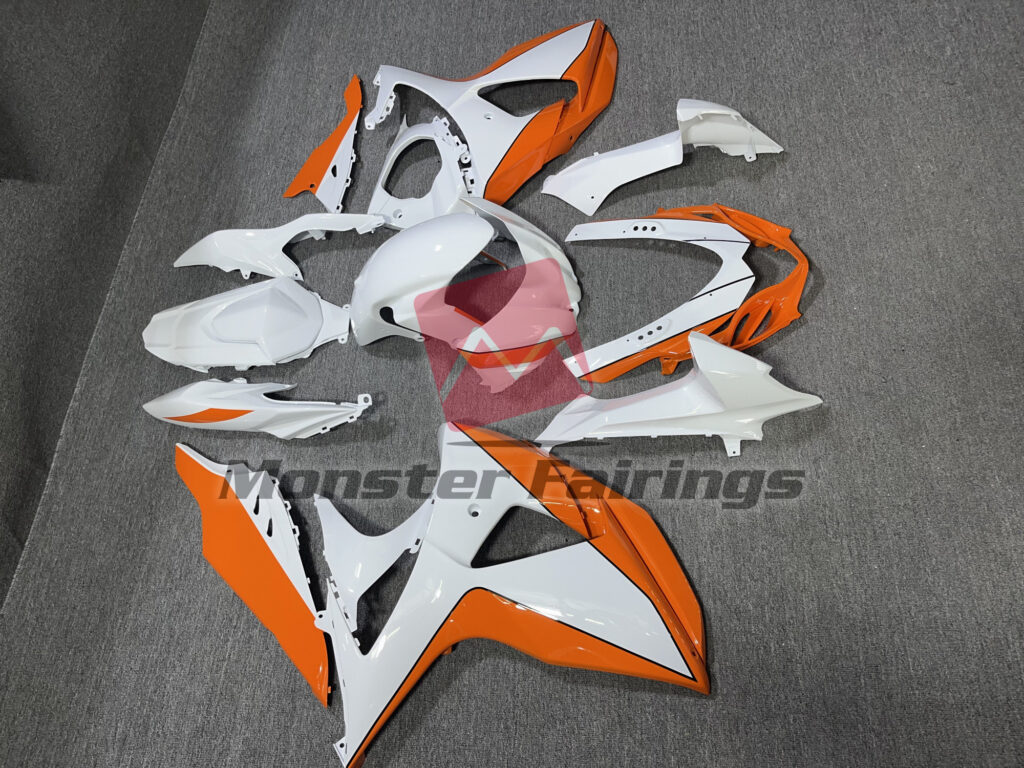 2009 - 2016 Suzuki GSXR 1000 Gloss White Orange fairing set - ABS injection, custom painted by Monster Fairings