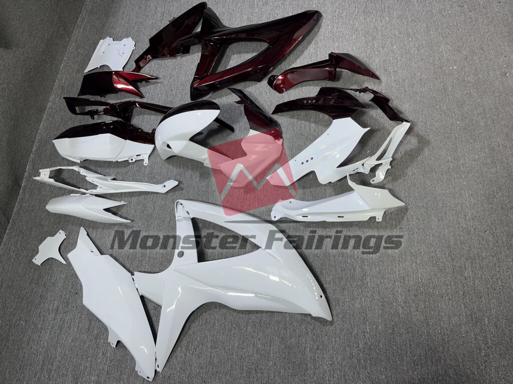2008 - 2010 Suzuki GSXR 600 - 750 Gloss White & Maroon Red Split fairing set - ABS injection, custom painted by Monster Fairings