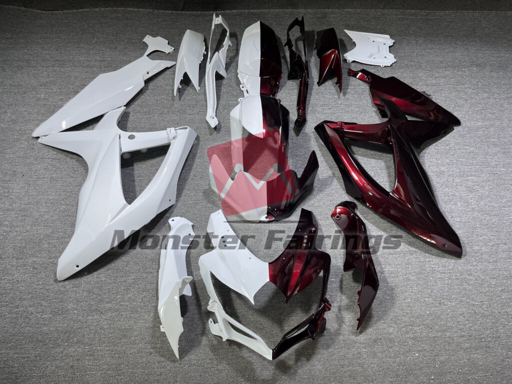 Suzuki GSXR 600 - 750 2008 - 2010 Gloss White & Maroon Red Split ABS fairings - custom motorcycle bodywork kit by Monster Fairings