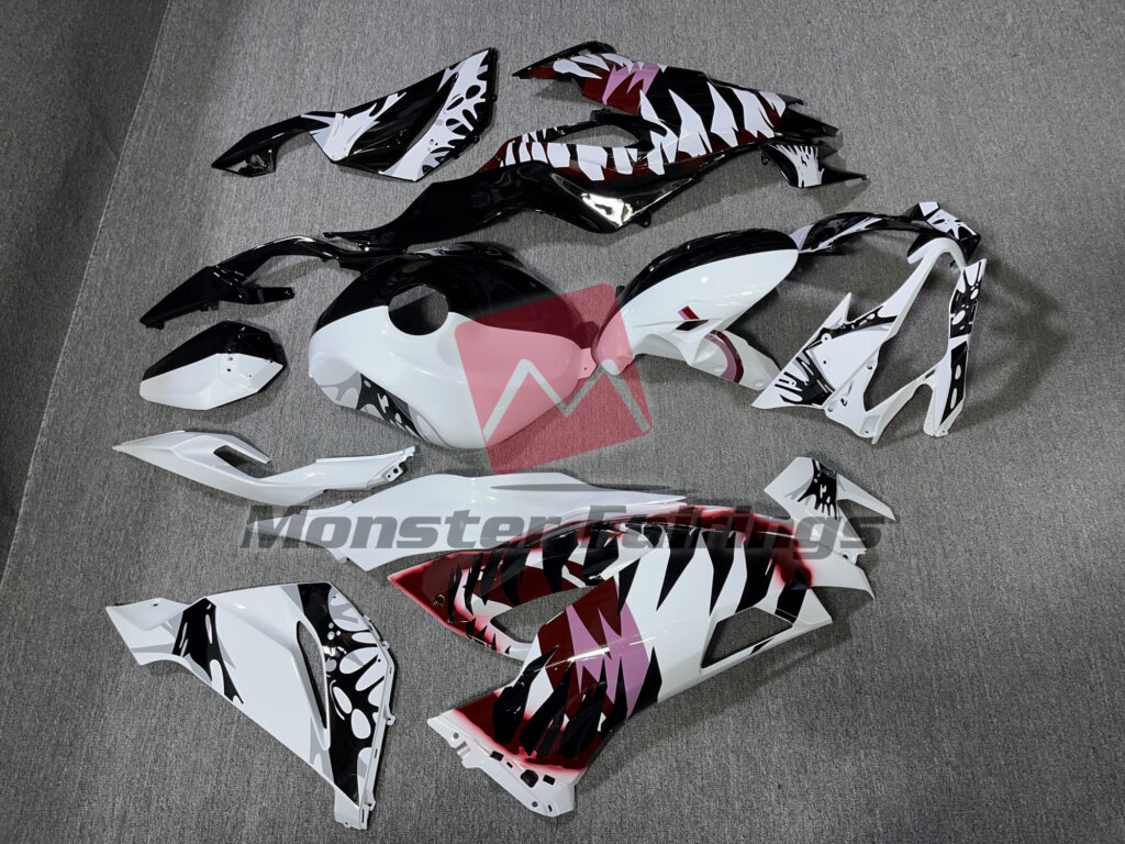 2019 - 2023 Kawasaki ZX6R Gloss White Black Split Venom fairing set - ABS injection, custom painted by Monster Fairings
