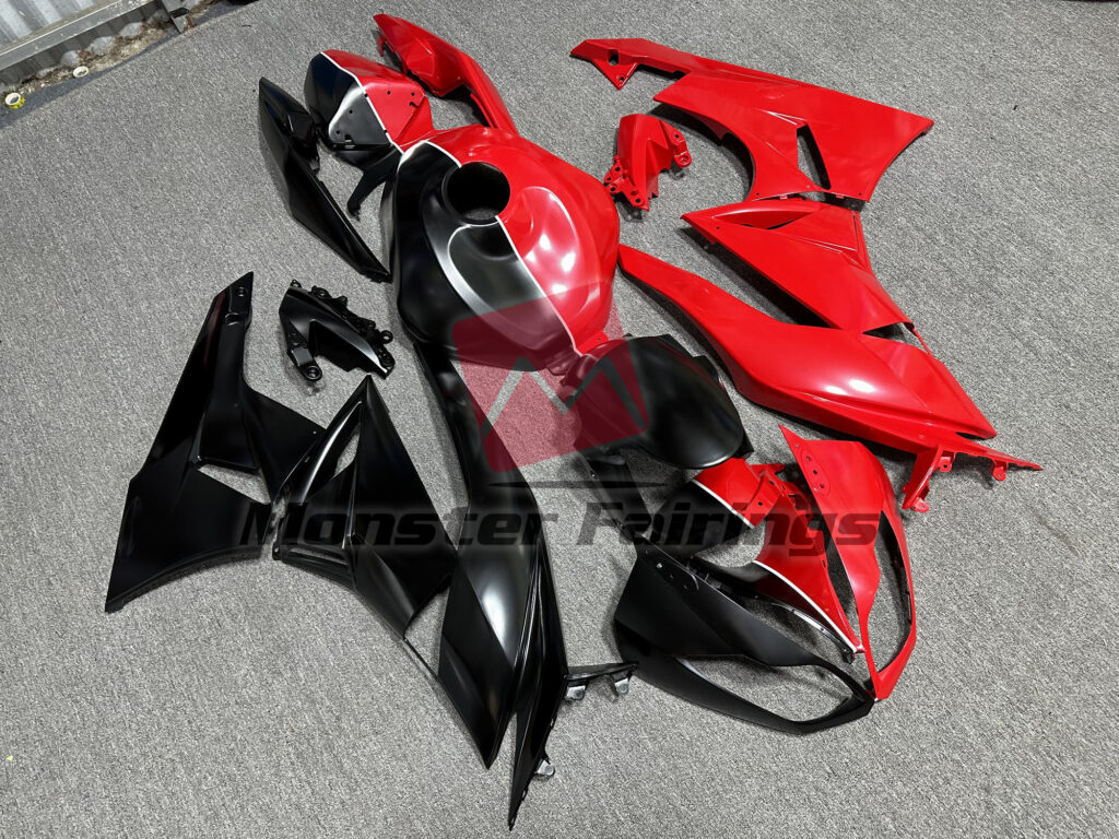 Kawasaki ZX6R custom ABS fairings 2009 - 2012 in Matte Black & Red Split - durable replacement kit, Monster Fairings