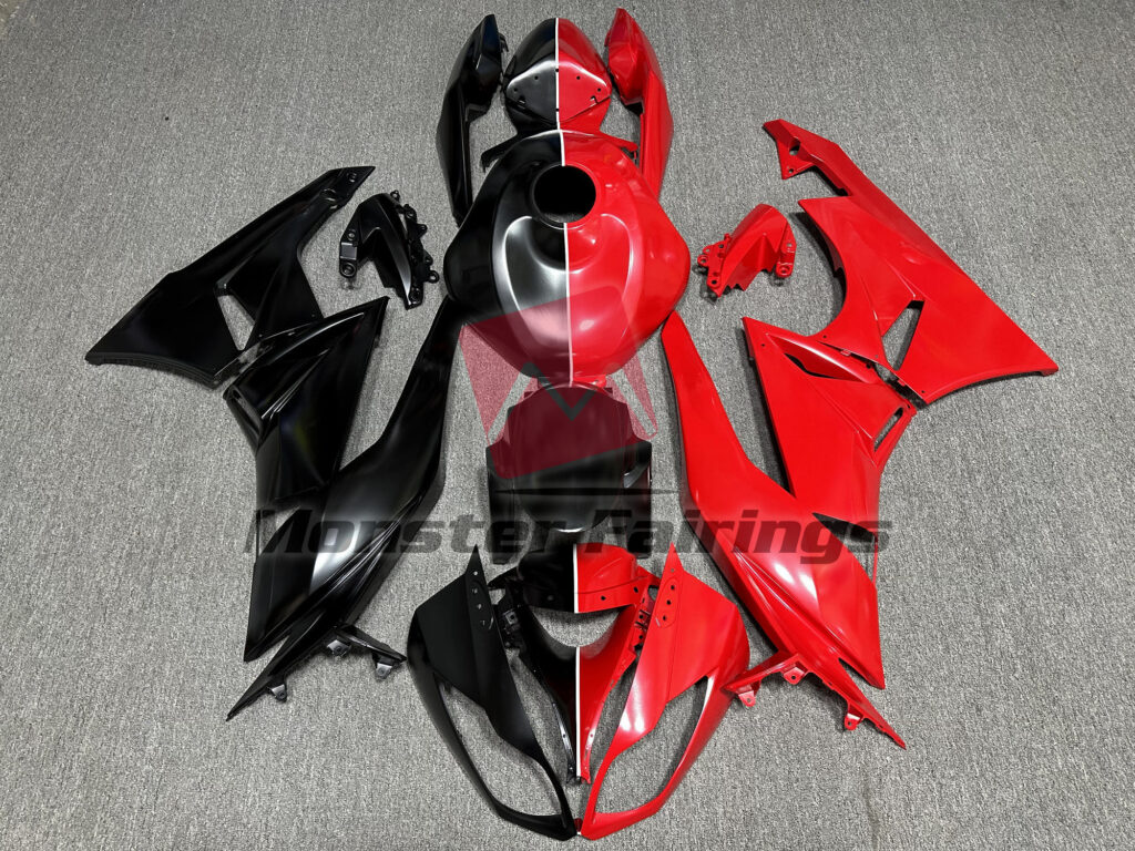 Kawasaki ZX6R 2009 - 2012 Matte Black & Red Split ABS fairings - custom motorcycle bodywork kit by Monster Fairings