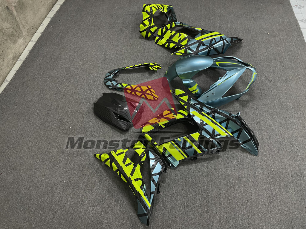 2011 - 2015 Kawasaki ZX10R Carbon Fiber Style Blue High Vis Yellow Accents fairing set - ABS injection, custom painted by Monster Fairings
