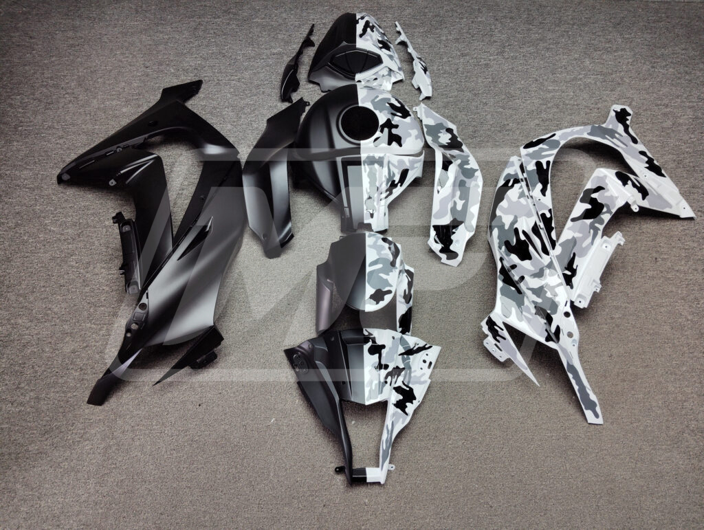 Kawasaki ZX10R 2011 - 2015 Matte Black & Gloss Camo Split ABS fairings - custom motorcycle bodywork kit by Monster Fairings