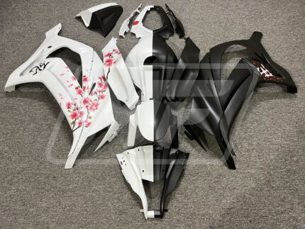 Kawasaki ZX10R 2011-2015 Matte Black & White Cherry Blossom Split ABS Fairings | Monster Fairings