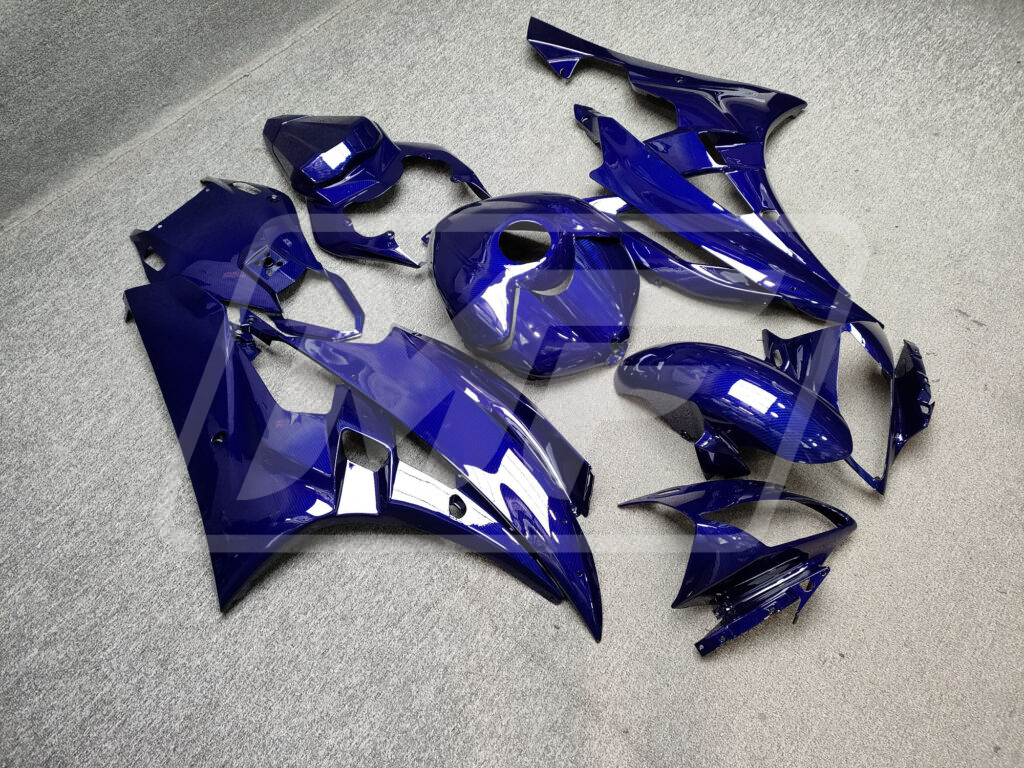2006 - 2007 Yamaha R6 Gloss Blue Carbon Fiber Style fairing set - ABS injection, custom painted by Monster Fairings