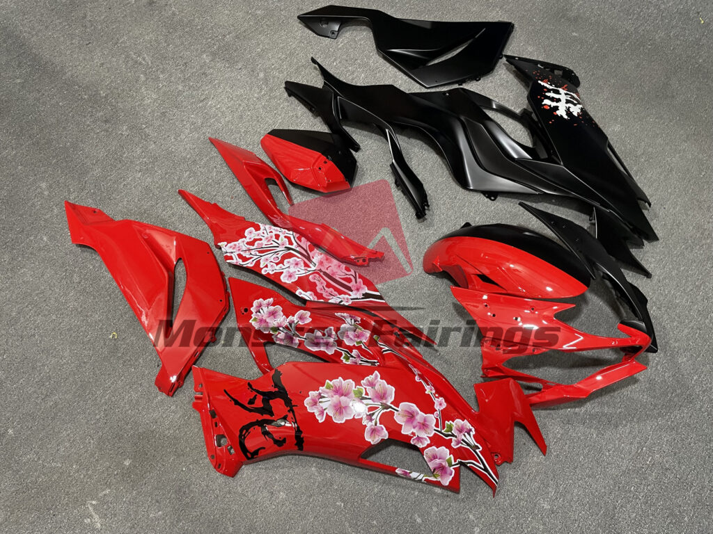 Monster Fairings ABS fairing kit for Kawasaki ZX6R 2019 - 2023 - Matte Black & Gloss Red Cherry Blossom Split, precise OEM fit