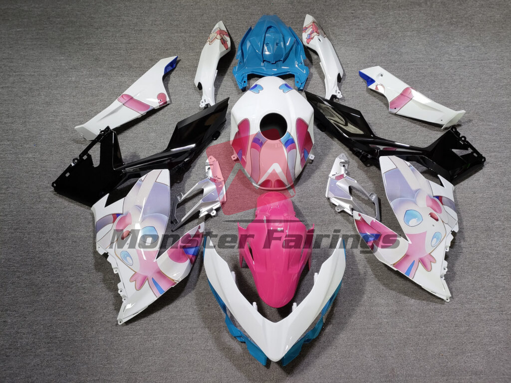 Kawasaki Ninja 400 2018 - 2024 Gloss White & and Pink Anime ABS fairings - custom motorcycle bodywork kit by Monster Fairings
