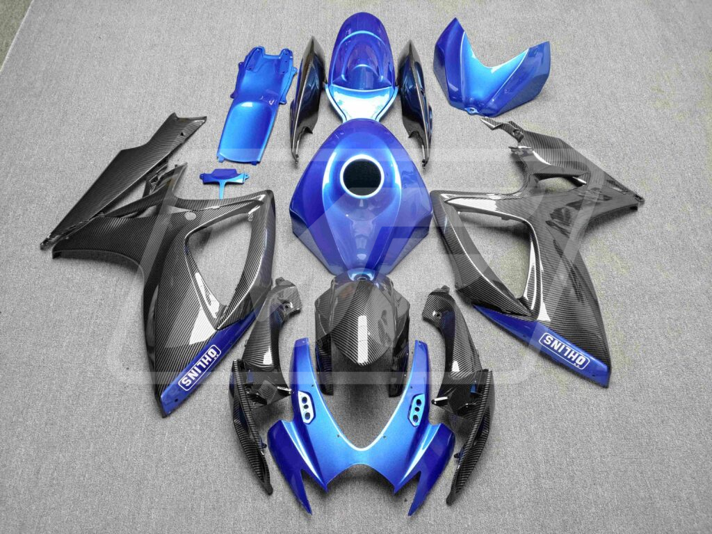 Suzuki GSXR 600 - 750 2006 - 2007 Gloss Carbon Fiber Style & Blue ABS fairings - custom motorcycle bodywork kit by Monster Fairings