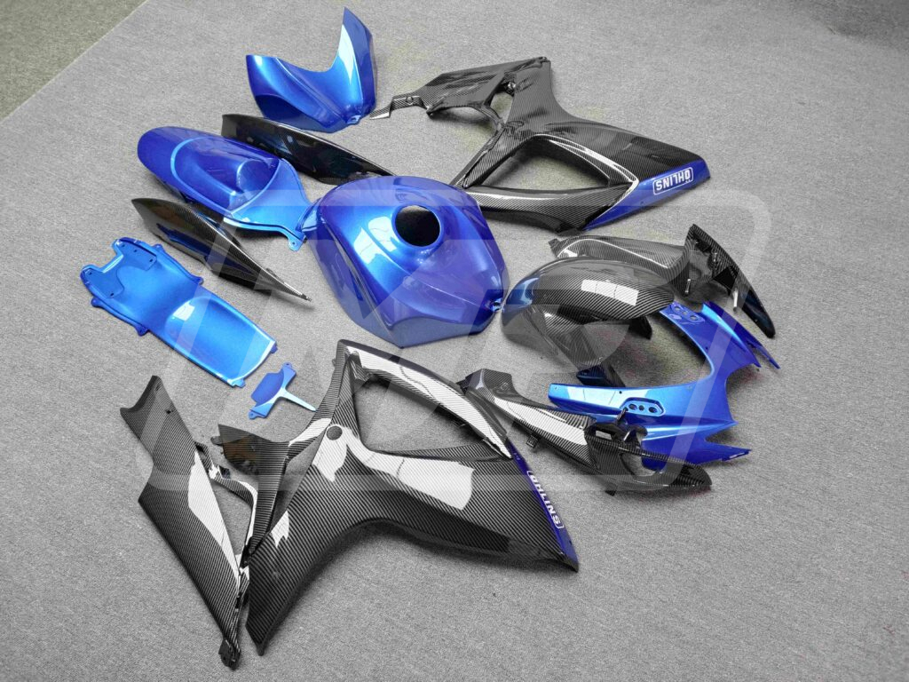 Suzuki GSXR 600 - 750 custom ABS fairings 2006 - 2007 in Gloss Carbon Fiber Style & Blue - durable replacement kit, Monster Fairings