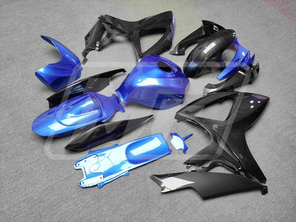 2006 - 2007 Suzuki GSXR 600 - 750 Gloss Carbon Fiber Style & Blue fairing set - ABS injection, custom painted by Monster Fairings