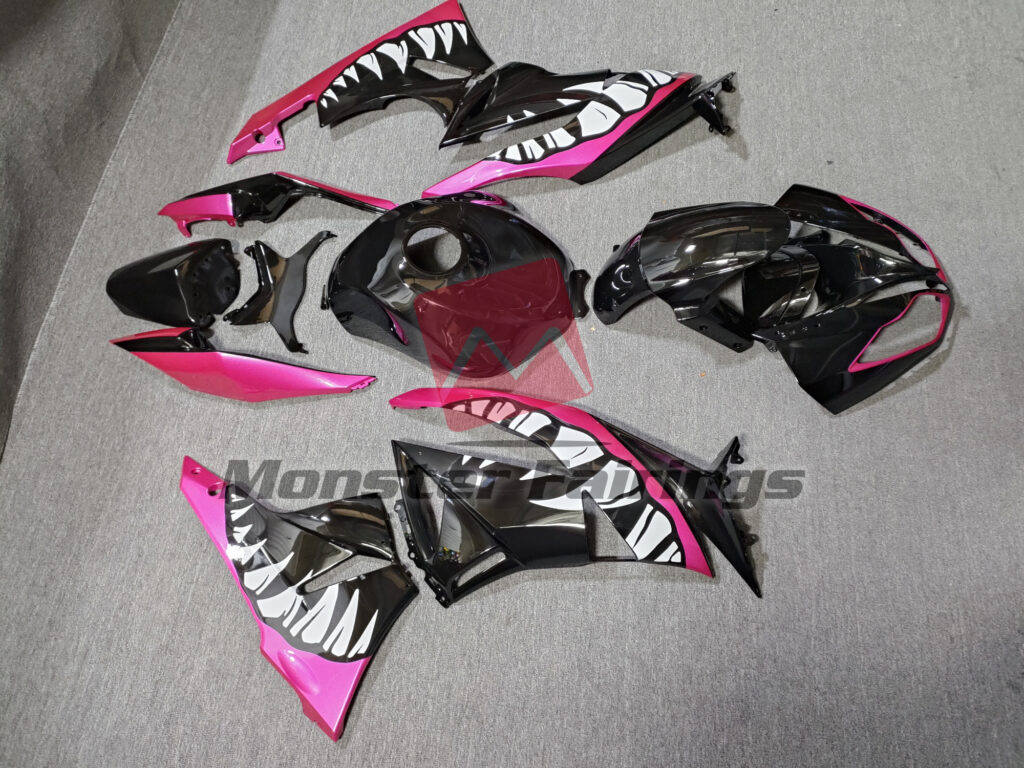 2009 - 2012 Kawasaki ZX6R Black and Pink Shark fairing set - ABS injection, custom painted by Monster Fairings
