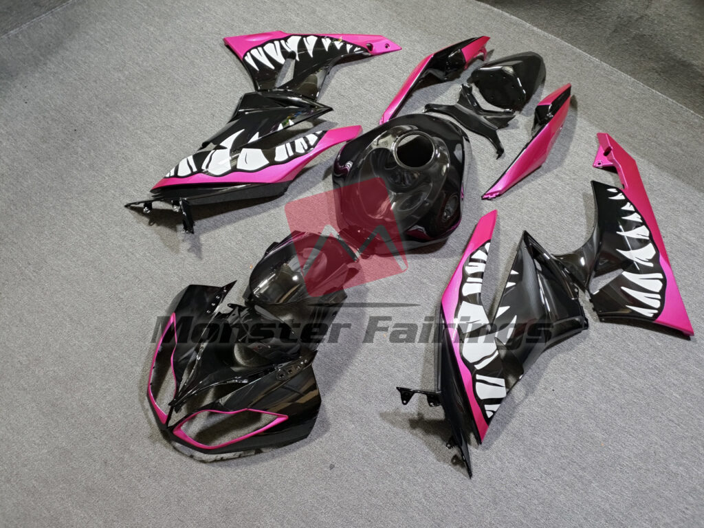 Kawasaki ZX6R custom ABS fairings 2009 - 2012 in Black and Pink Shark - durable replacement kit, Monster Fairings