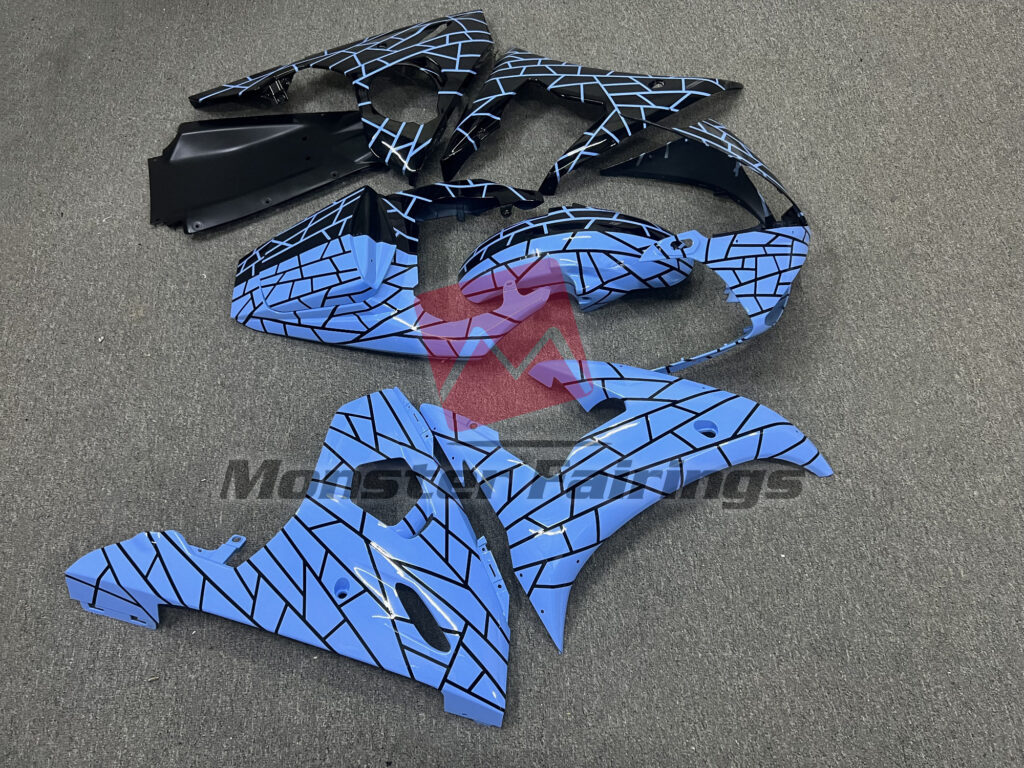 2003 - 2004 Yamaha R6 Gloss Black & Blue Pattern Split fairing set - ABS injection, custom painted by Monster Fairings