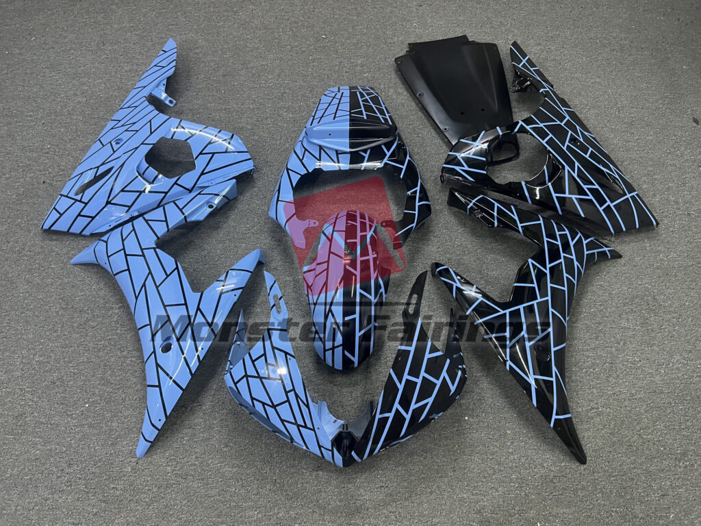 Yamaha R6 2003 - 2004 Gloss Black & Blue Pattern Split ABS fairings - custom motorcycle bodywork kit by Monster Fairings