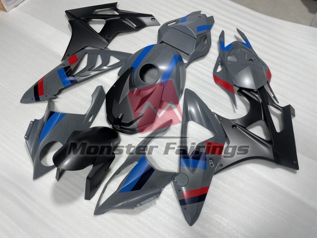 2009 - 2014 BMW S1000RR Matte Gray & Black with Red and Blue fairing set - ABS injection, custom painted by Monster Fairings