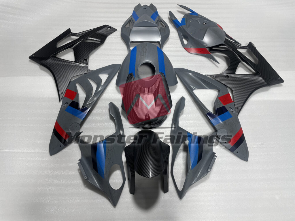 BMW S1000RR 2009 - 2014 Matte Gray & Black with Red and Blue ABS fairings - custom motorcycle bodywork kit by Monster Fairings