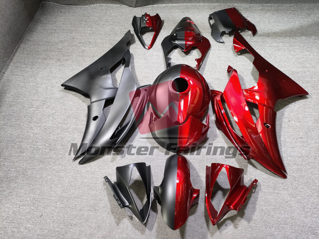 Yamaha R6 2008 - 2016 Matte Black Gloss Candy Red Split ABS fairings - custom motorcycle bodywork kit by Monster Fairings